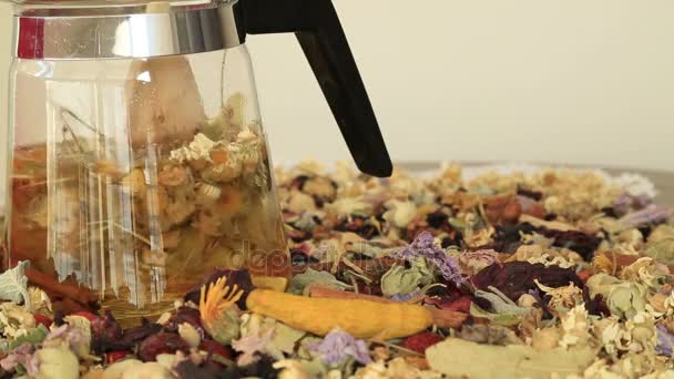 Teapot with different kind of healing herbs — Stock Video
