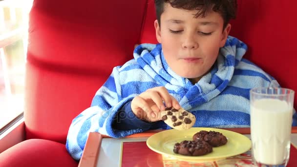 Niño comiendo una galleta de chocolate — Vídeo de stock