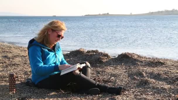 Mujer leyendo un libro en la playa — Vídeos de Stock