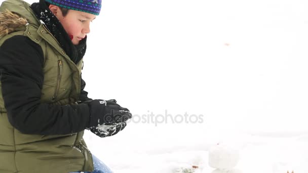 Lyckligt barn pojke leker med en snö på en snöig vinter park 2 — Stockvideo