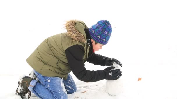 冬は雪を楽しんで屋外幸せな子で遊ぶ暖かい服装でハンサムな男の子の子供の肖像画 クリスマス の概念 — ストック動画