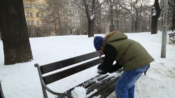 Зимний Портрет Мальчика Теплой Одежде Играющего Свежем Воздухе Праздники Зима — стоковое видео