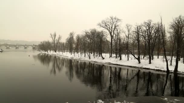 Puente en el río Moldava durante el día de invierno 2 — Vídeos de Stock