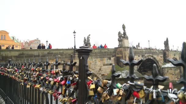 Aşk kilitleri Prag Köprüsü'nde 3 — Stok video