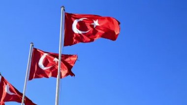 Mavi gökyüzünde Türkiye bayrakları sallayarak