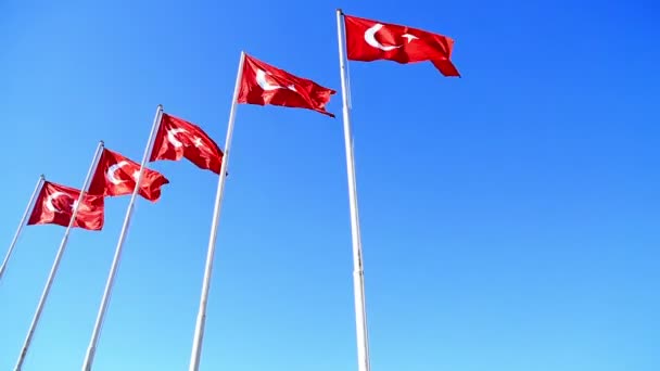Waving Flags Turkey Blue Sky — Stock Video