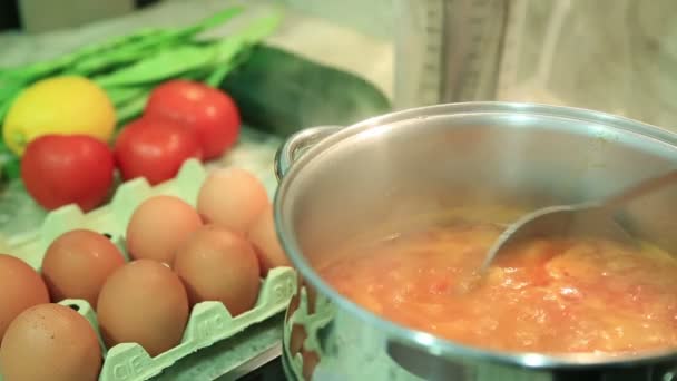 Pot soep koken op de top van de kachel 2 — Stockvideo