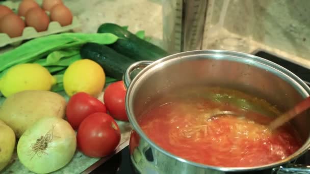 Кипящий горшок овощного супа 3 — стоковое видео