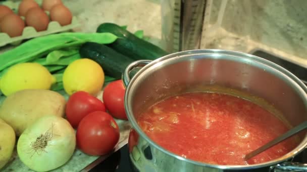 Olla hirviendo de sopa de verduras 4 — Vídeo de stock