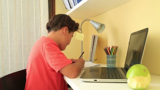 Colegial haciendo su tarea con el portátil 2 — Vídeo de stock