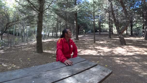 Ο άνθρωπος που κάθεται σε ένα παγκάκι στο τη φύση — Αρχείο Βίντεο