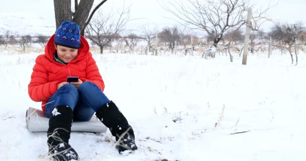 Ребенок с помощью смартфона в зимнем парке 2 — стоковое видео
