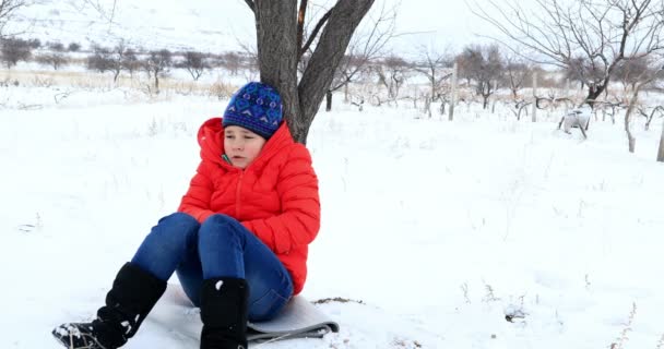 Больной ребенок замерзает в зимнем парке — стоковое видео