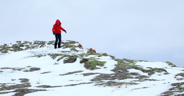 2 の雪の丘の上を歩く少年 — ストック動画