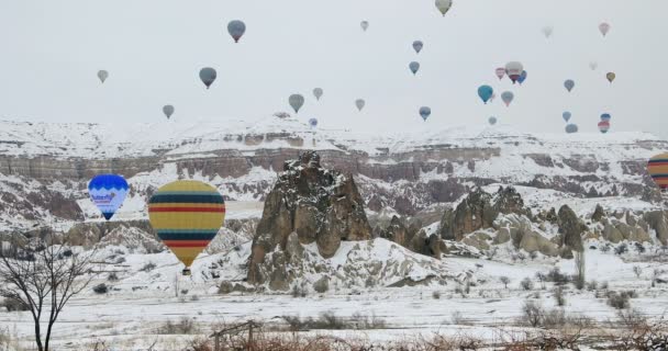 Hot Air Balloon Over Goreme Valley At Winter 5 — Stock Video
