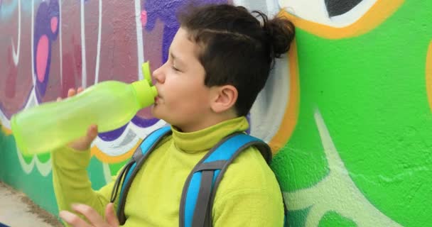 Portrait Cute Child Drinking Water Bottle Outdoor — Stock Video