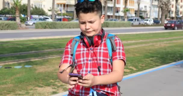 Portrait Happy Cute Teenager Boy Making Selfie City Park — Stock Video
