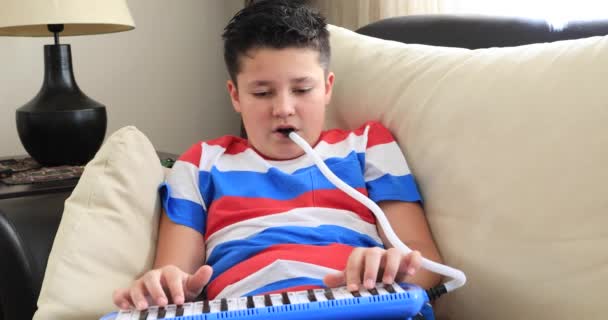 Porträt Eines Glücklichen Schuljungen Der Hause Melodica Spielt — Stockvideo