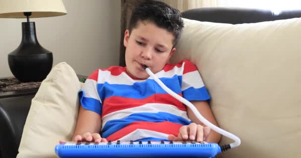 Portret Van Een Gelukkig Schooljongen Melodica Thuis Spelen — Stockvideo