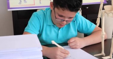 Biyoloji dersi okuyan bir sevimli beyaz öğrenci portresi