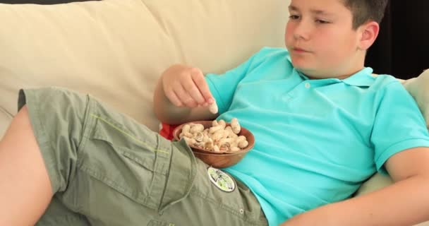 Niño Comiendo Cacahuete Viendo Televisión — Vídeos de Stock