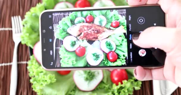 Manos Femeninas Usando Smartphone Para Tomar Fotos Plato Mariscos — Vídeos de Stock