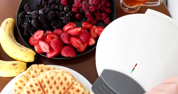 Fazendo Waffles Deliciosos Caseiros Fabricante Waffle Elétrico — Vídeo de Stock