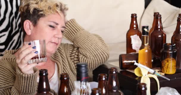 Middle Aged Miserable Woman Depression Drinking Alcohol — Stock Video