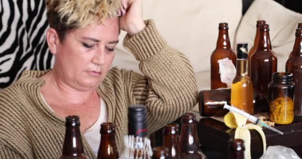 Drunk Alcoholic Woman Deep Depression — Stock Video