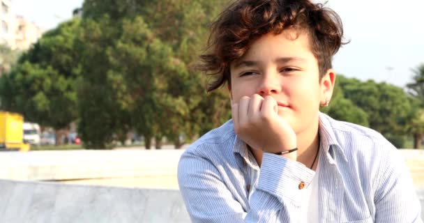 Portrait Young Teenage Boy Outdoor City Park Looking Camera Smiling — Stock Video