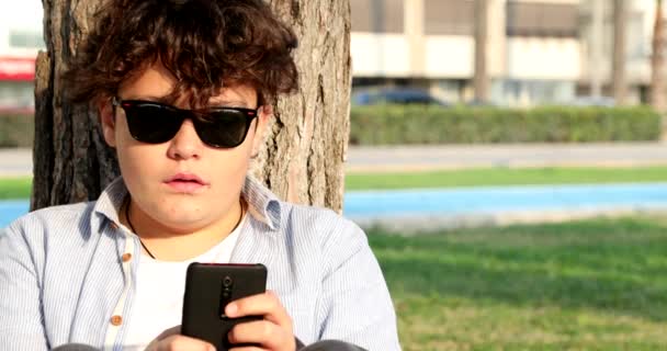 リラックスした10代の少年の肖像画は スマートフォンで街の公園に座っている 子供は画面を見たり 読んだり 入力したり ゲームをしたりします テクノロジー インターネット通信と人々の概念 スマートフォン中毒 — ストック動画