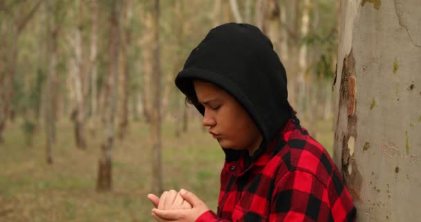 Allvarligt Förolämpad Ung Pojke Tittar Kameran Utomhus — Stockvideo