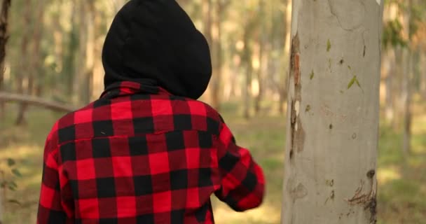 森の中の10代の少年がカメラを見て笑っている姿 — ストック動画
