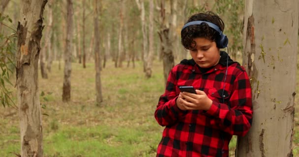 Retrato Adolescente Relajado Sentado Parque Ciudad Con Teléfono Inteligente Niño — Vídeo de stock