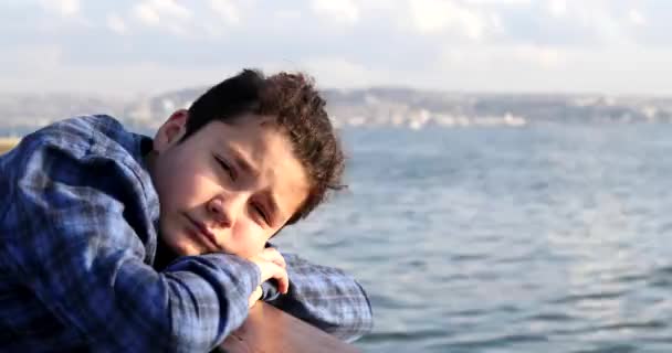 Portrait Handsome Sad Teenage Boy Looking Camera Seaside — Stock Video