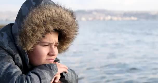 Portrait Young Handsome Sad Teenage Boy Sitting Seaside — Stok video