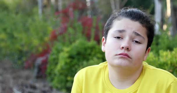 Porträt Eines Jungen Hübschen Teenagers Der Allein Auf Einer Parkbank — Stockvideo