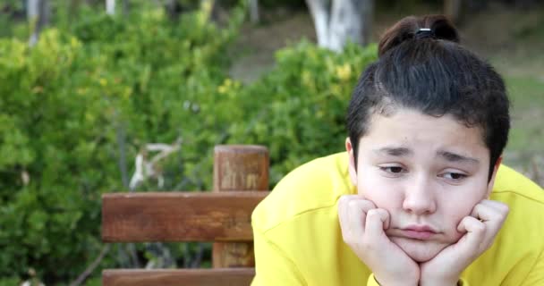 Retrato Joven Guapo Adolescente Sentado Banco Del Parque Solo — Vídeo de stock