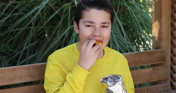 公園のベンチに座って 公園でポテトチップスを食べているハンサムなティーンエイジャーの肖像画 — ストック動画