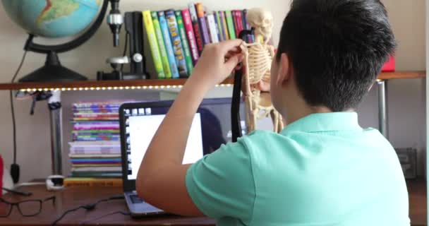 Schoolboy Doing His Homework Computer Distance Education Schoolchildren — стоковое видео