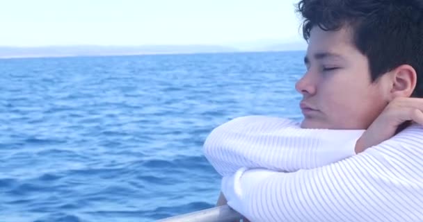 Portrait Sad Young Boy Sitting Yacht Deck Summer Holiday Travel — Stock Video