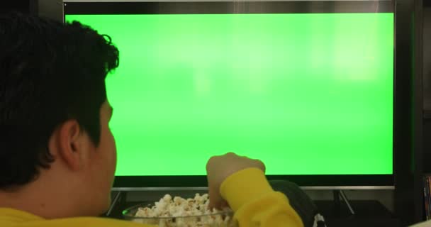 Вид Сзади Мальчика Подростка Сидящего Диване Смотрящего Телевизор Зеленым Экраном — стоковое видео