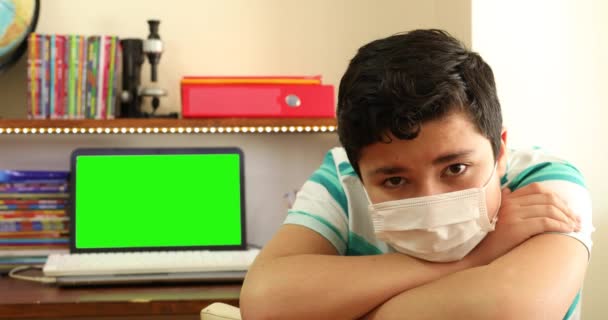 ホームアイソレーション概念疫学感染緑の画面のラップトップモニターで自宅でCovid 19距離教育 — ストック動画