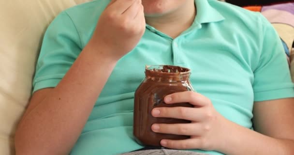 子供がスプーンでチョコレートクリームを食べる — ストック動画