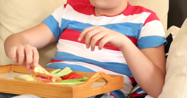 Televizyon Kumandalı Beyaz Bir Çocuk Kanepede Oturuyor Kahvaltısını Evde Yapıyor — Stok video