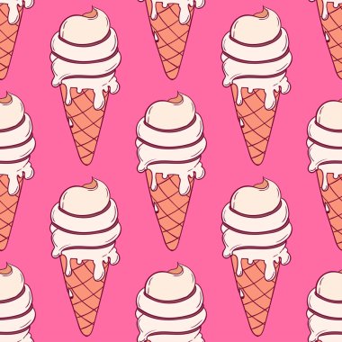 Vektör çizim karikatür dondurmalar pembe bir arka plan üzerinde parlak desen. Elle çizilmiş hat sanat tasarım web, site, reklam, afiş, poster, yönetim kurulu ve baskı için.