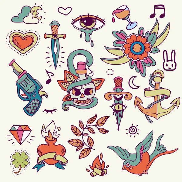 Set of traditional color tattoo elements — Stock Vector