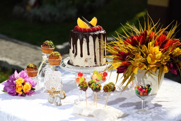 Uma mesa festiva decorada com bolo de aniversário com flores e doces. Uma mesa com um bolo para o aniversário da criança. Festa de aniversário para crianças . — Fotografia de Stock