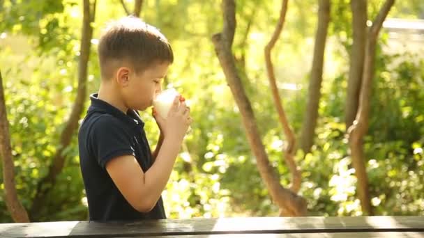 En pojke dricker mjölk vid ett bord i naturen. Barn dricker mejeri produkten från glas. En ung pojke dricker mjölk från ett glas med en tub i fria. — Stockvideo