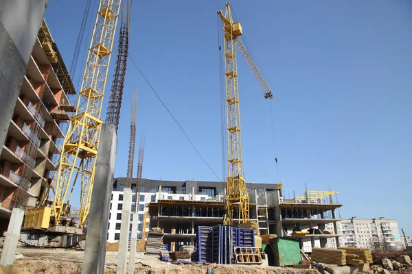 Working Crane Construction House Construction Site Cranes Sky Background — Stock Photo, Image